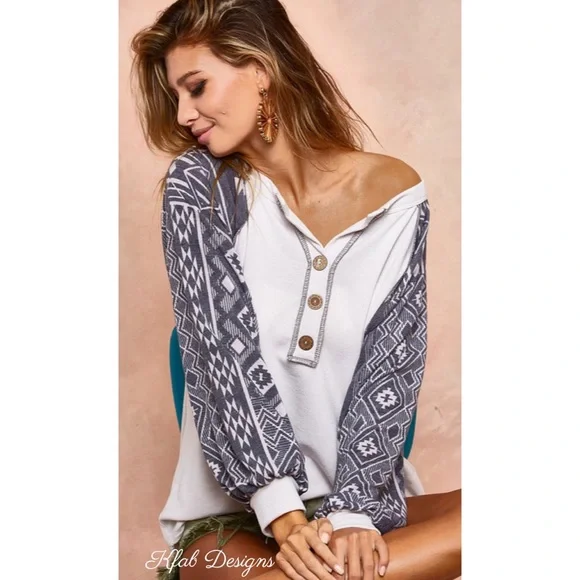 LAST 1! French Terry Super Soft Aztec Sleeve Henley! - Picture 6 of 10